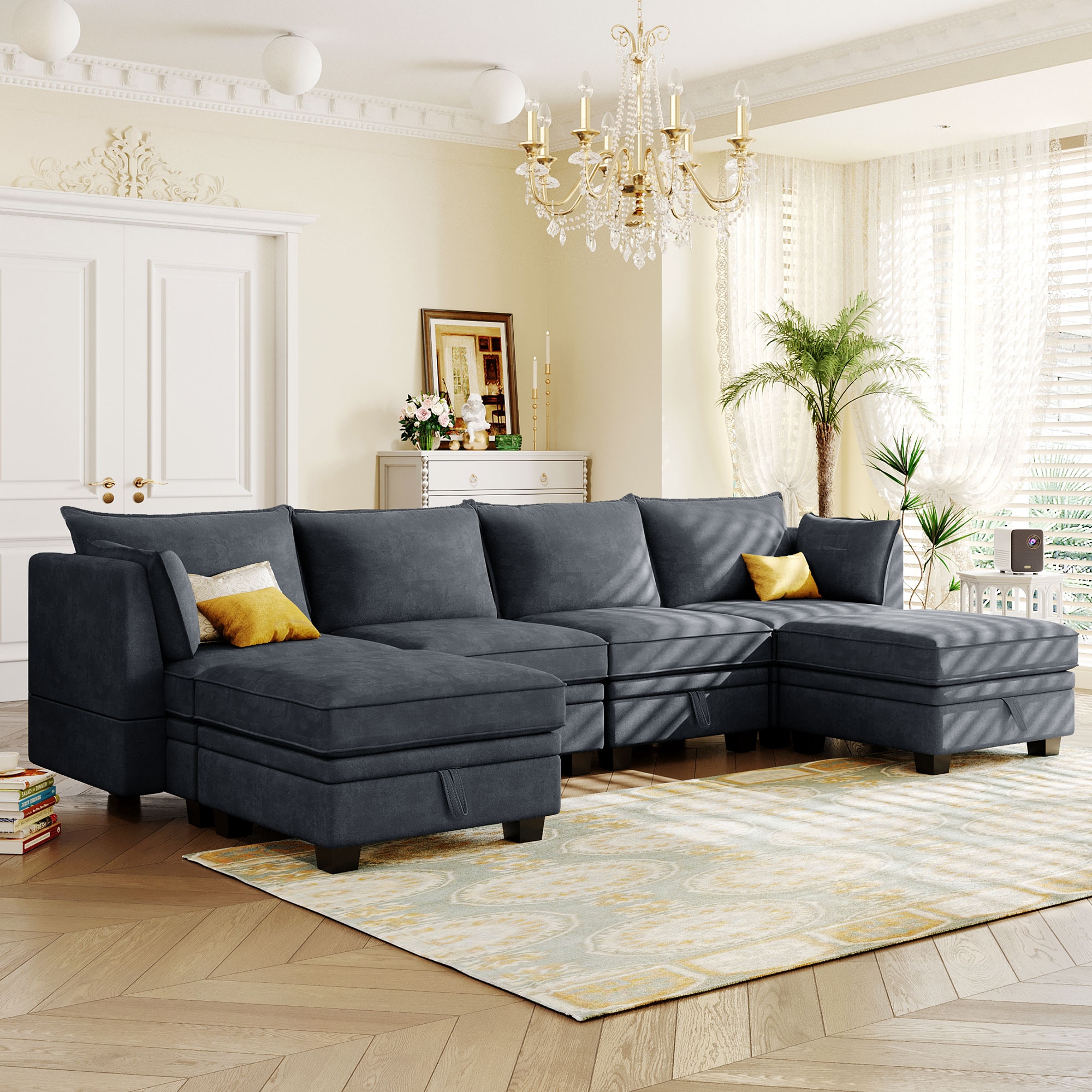 Modern Large Modular U Shape Convertible Sectional Sofa Dark Grey