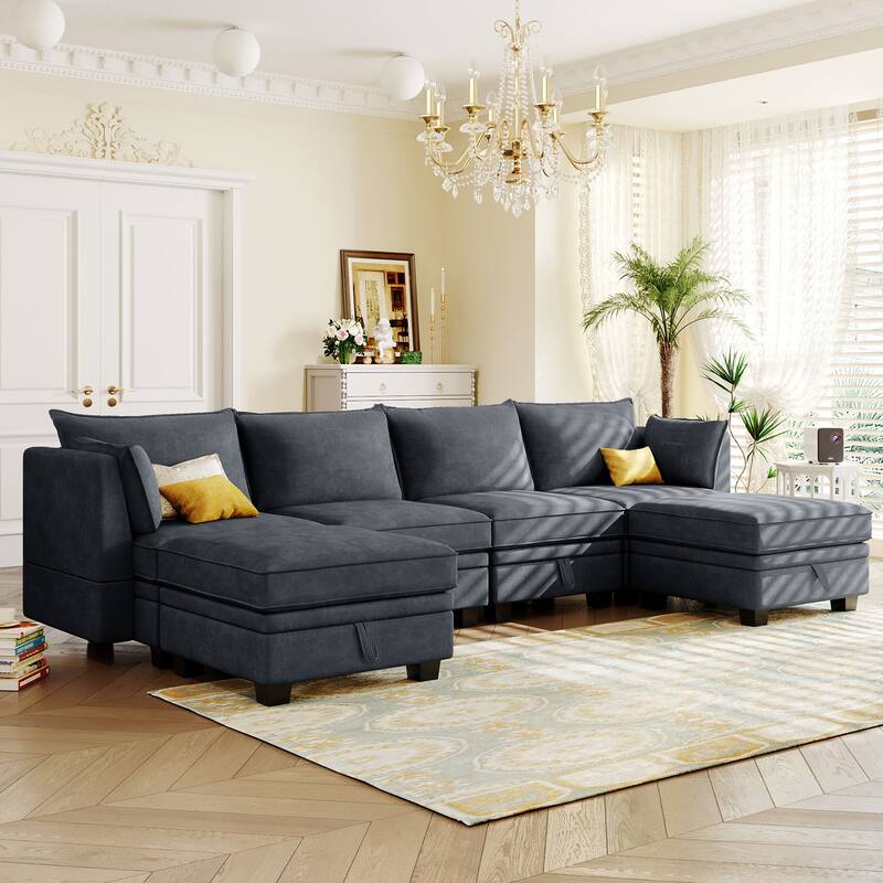 115.1" Linen U-Shaped Sectional Sofa with Sleeper & Storage Chaise - DARK GREY