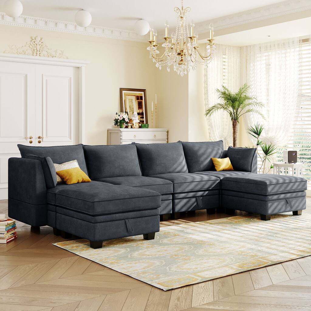 Grey 115.1'' Versatile Large U-Shaped 6-Seat Modular Sectional Sofa with Storage, Pull-Out Bed, and Reversible Chaise