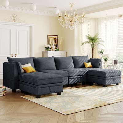 ModernU-Shape Modular Sectional Sofa, Convertible Sofa Bed with Reversible Chaise for Living Room, Storage Seat,6-piece
