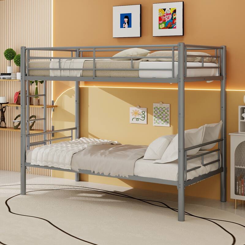 Twin Over Twin Metal Bunk Bed,Metal Structure Bedframe with Ladders & Guardrail,Convertible 2 Beds,No Spring Box Required