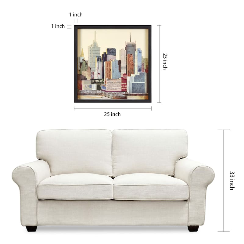"New York City Skyline B" Alex Zeng's dimensional collage, under glass & a black shadow box frame