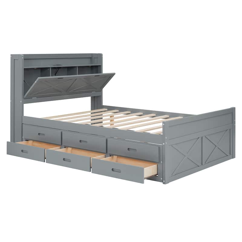 Full Size Wooden Bed with Storage Headboard, Extendable with Twin Trundle and Drawers, Gray