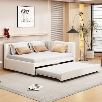 Full Size Upholstered Daybed with Trundle Sofa Bed Frame No Box Spring Needed