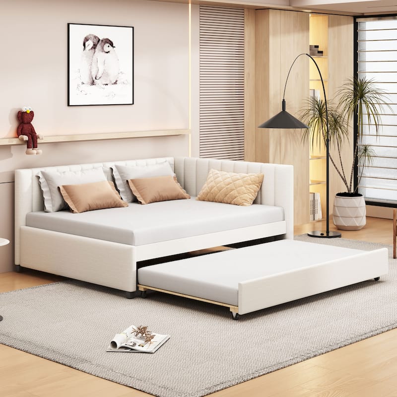 Upholstered Daybed with Trundle Sofa Bed Frame No Box Spring Needed, Linen Fabric