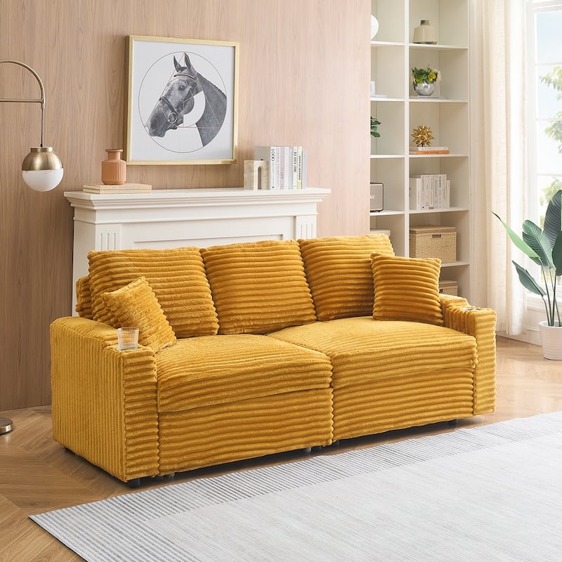 80"Corduroy Sofa With Cup Holder
