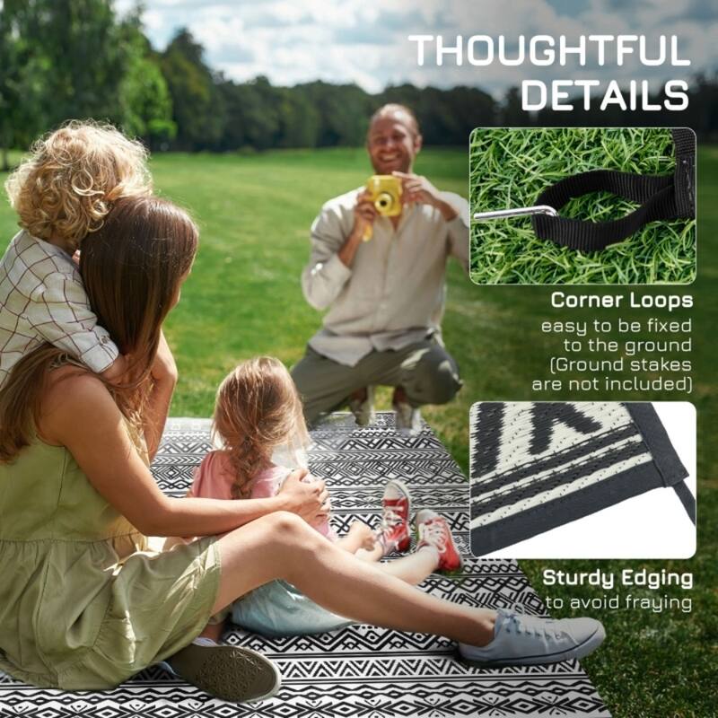 Reversible Outdoor Rug Boho Pattern, UV-Protected Foldable Polypropylene Mat with Carry Bag