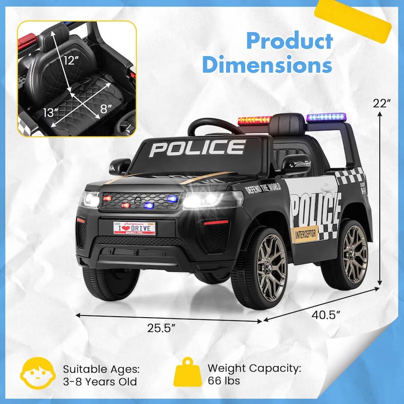 12V Battery Powered Ride On Car Police Car Ride On w/ Remote Control