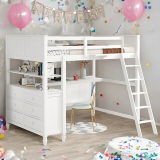 Full size Loft Bed with Drawers and Desk, Wooden Loft Bed with Shelves, Maximized Space, No Box Spring Required, White