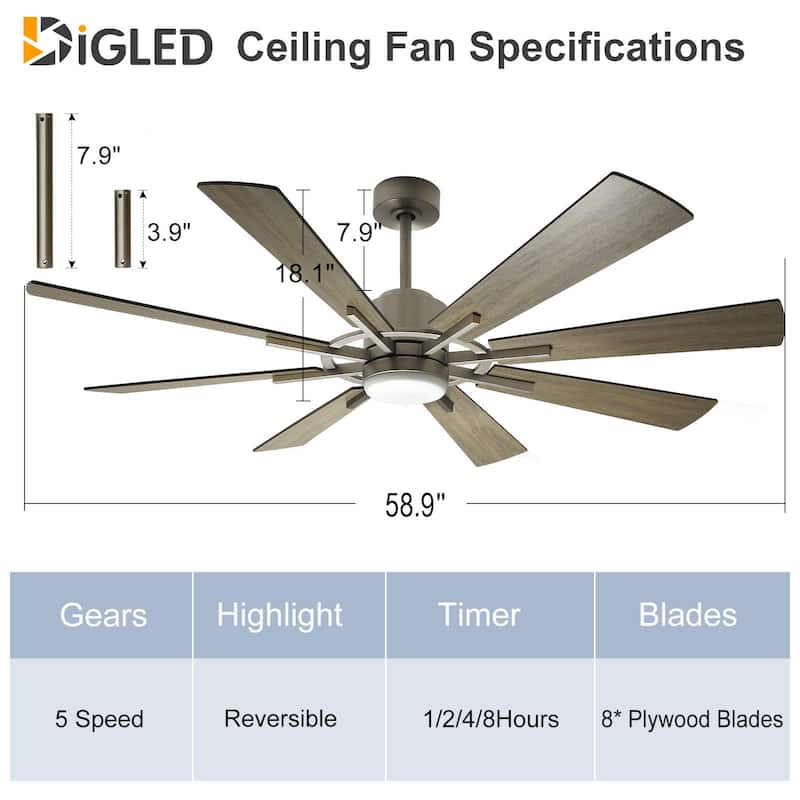 Remote Ceiling fan with Lights Large 8 Wooden Blades