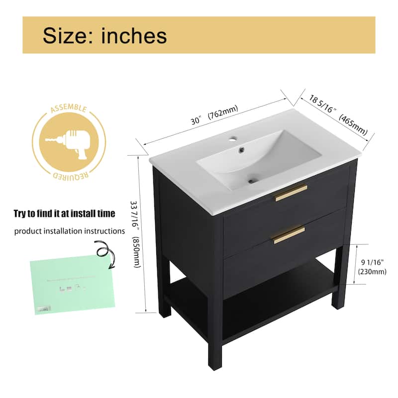 Malwee 30" FreeStanding Bathroom Vanity, Floor Stand Bathroom Vanity with Ceramic Sink,2 Soft Close Drawers