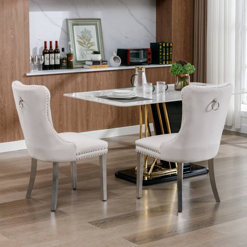 Tufted Solid Wood Velvet Upholstered Dining Chair with Chrome Steel Plating Legs Set of 2