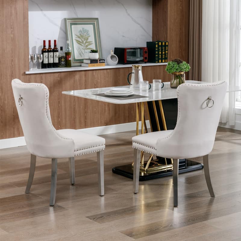 Velvet Fabric Dining Chairs Set of 2, Tufted Upholstered Dining Room Chair with Nailhead Trim & Stainless Steel Legs