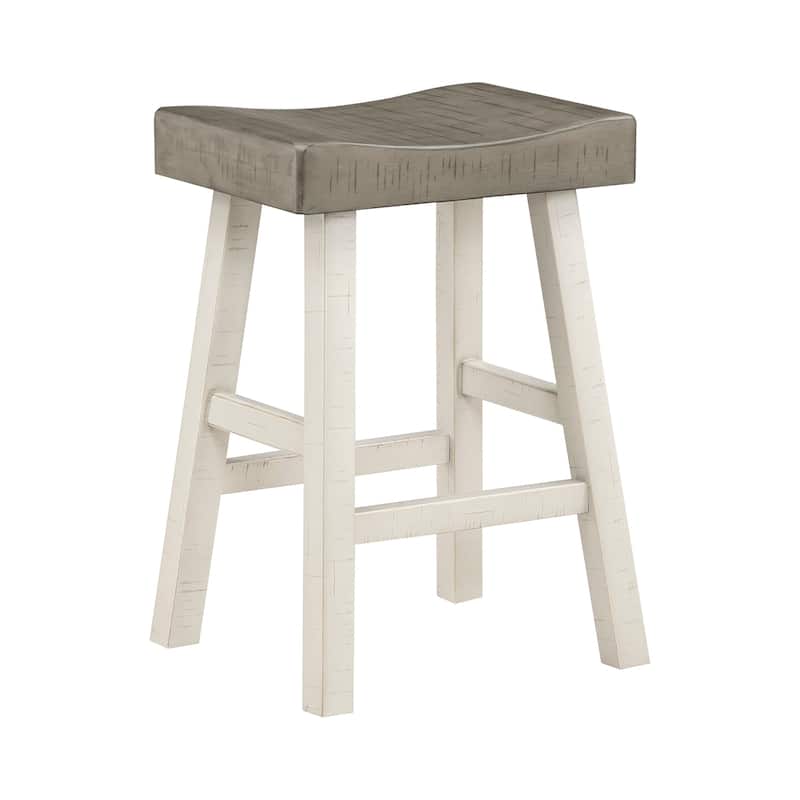Casy 25 Inch Counter Height Stool, Brown Saddle Seat, White Rubberwood