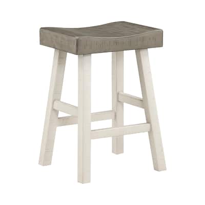 Casy 25 Inch Counter Height Stool, Brown Saddle Seat, White Rubberwood