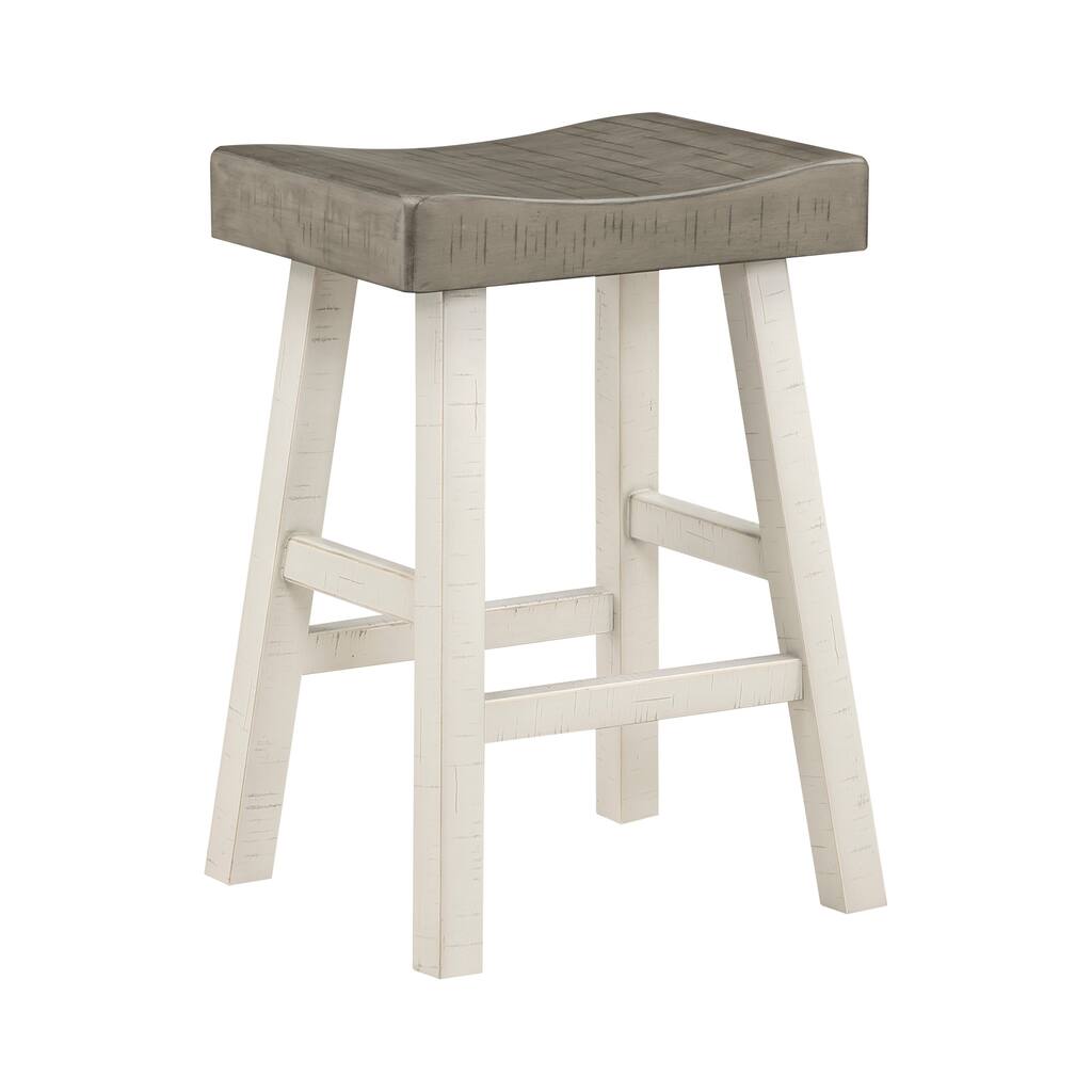 Casy 25 Inch Counter Height Stool, Brown Saddle Seat, White Rubberwood