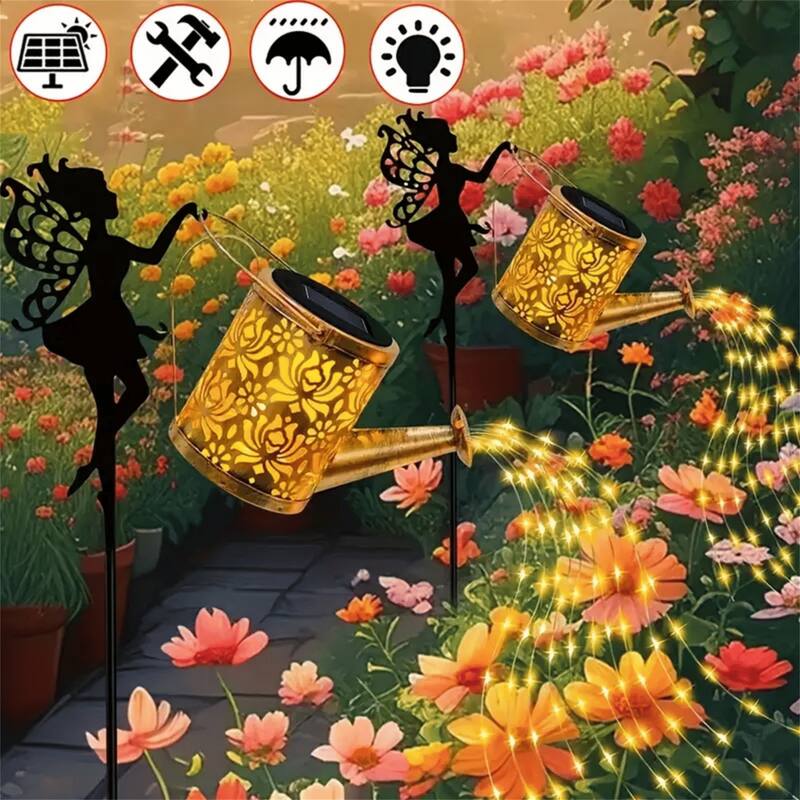 Warm light 2 PCS Fairy Garden Decor Light with Solar Watering Can