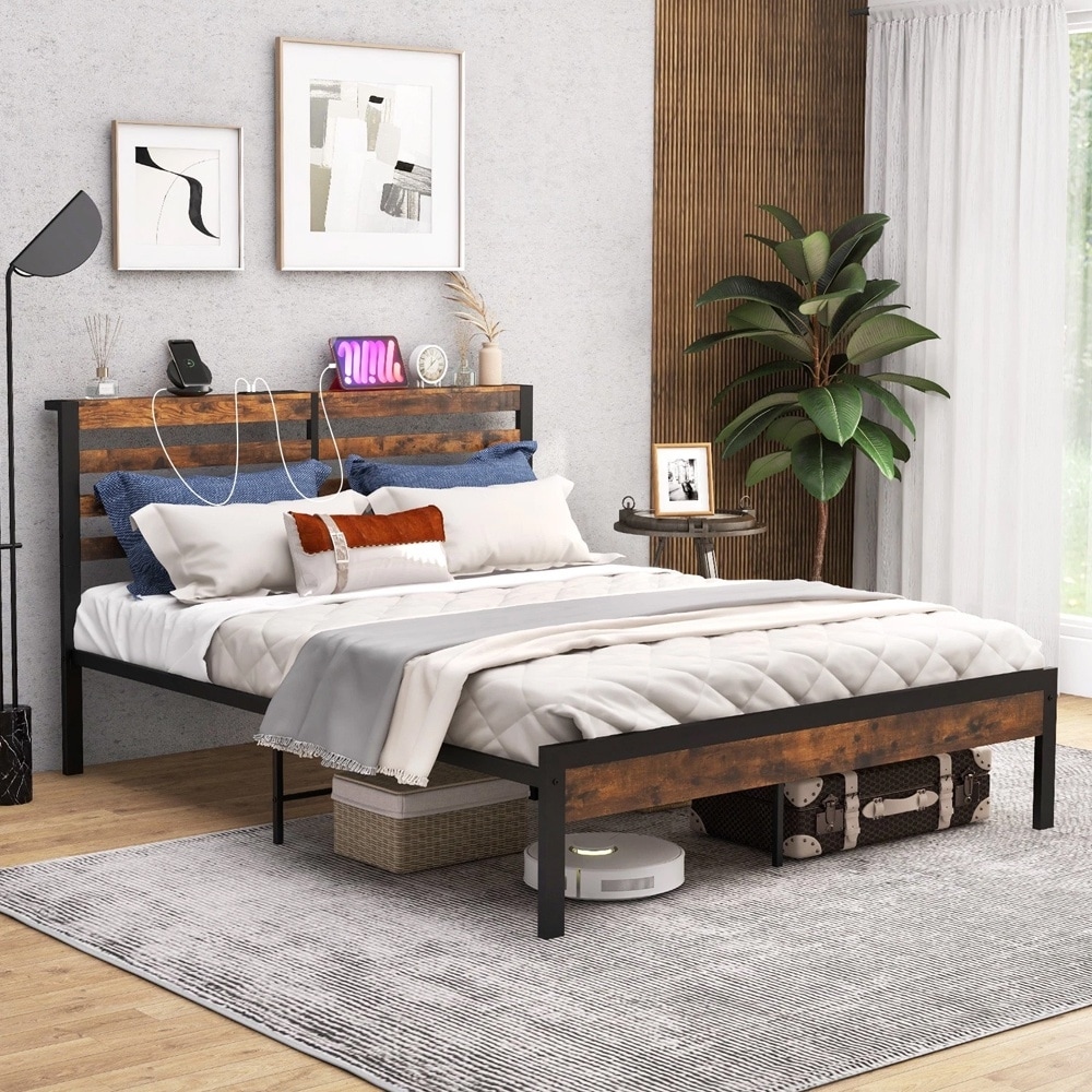 Queen Metal Platform Bed Frame Charging Station Mattress Foundation