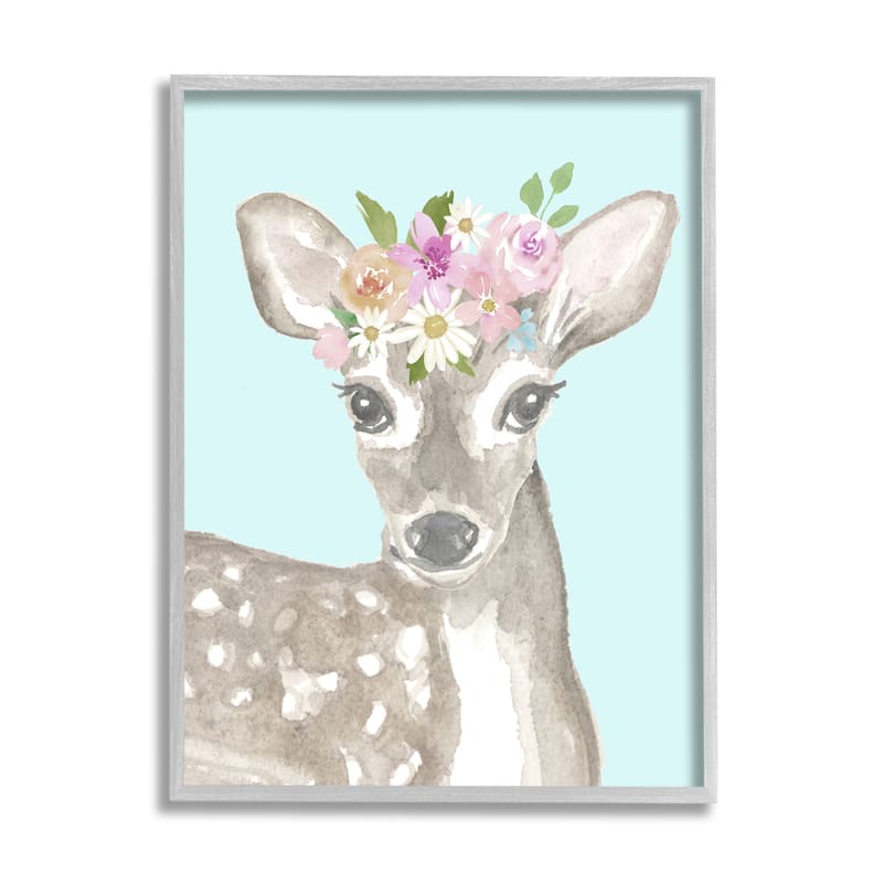Stupell Floral Deer on Framed Giclee Art Design by Corinne Haig - 16 x 20 - Grey