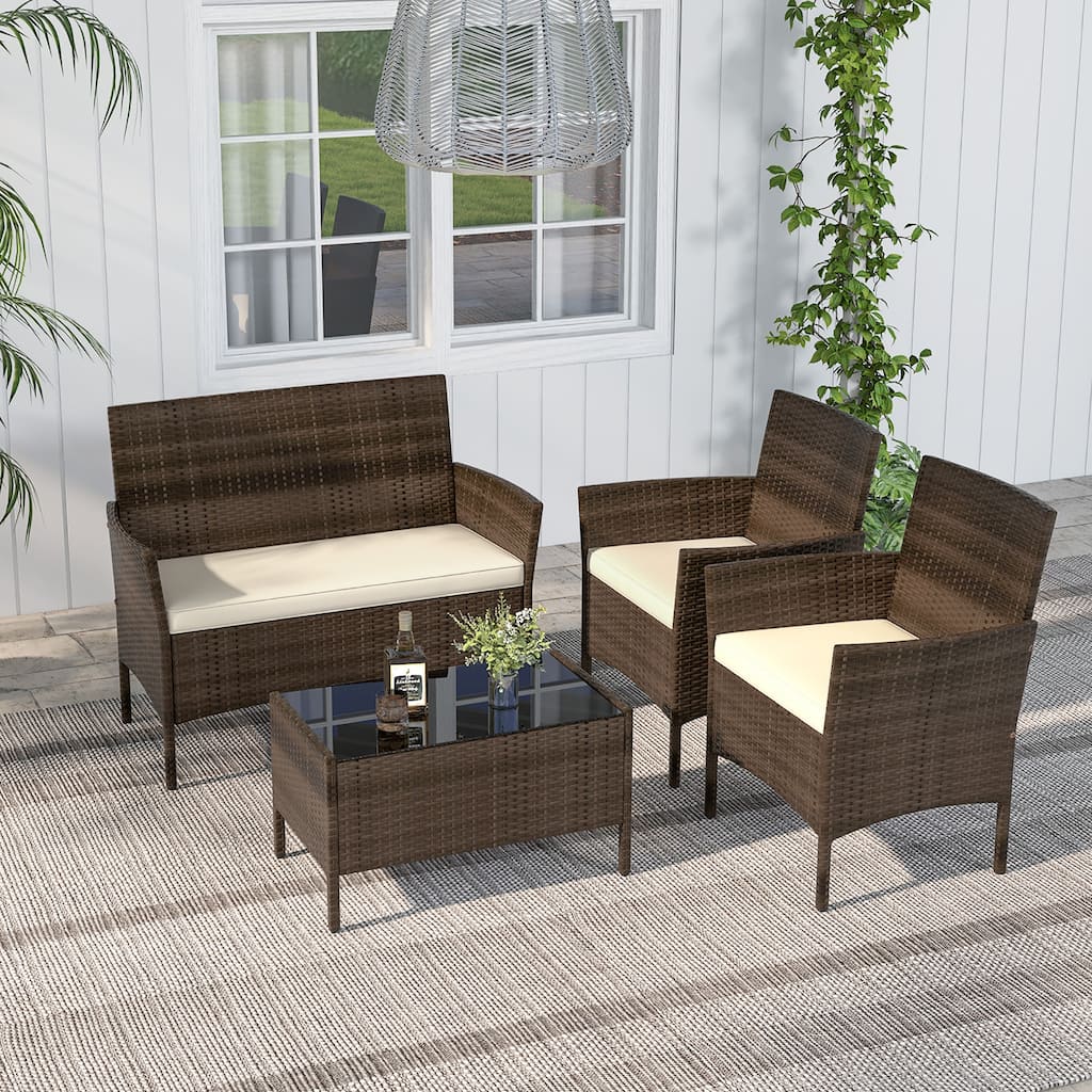 Gymax 4 PCS Patio Rattan Conversation Set Outdoor Wicker Furniture Set