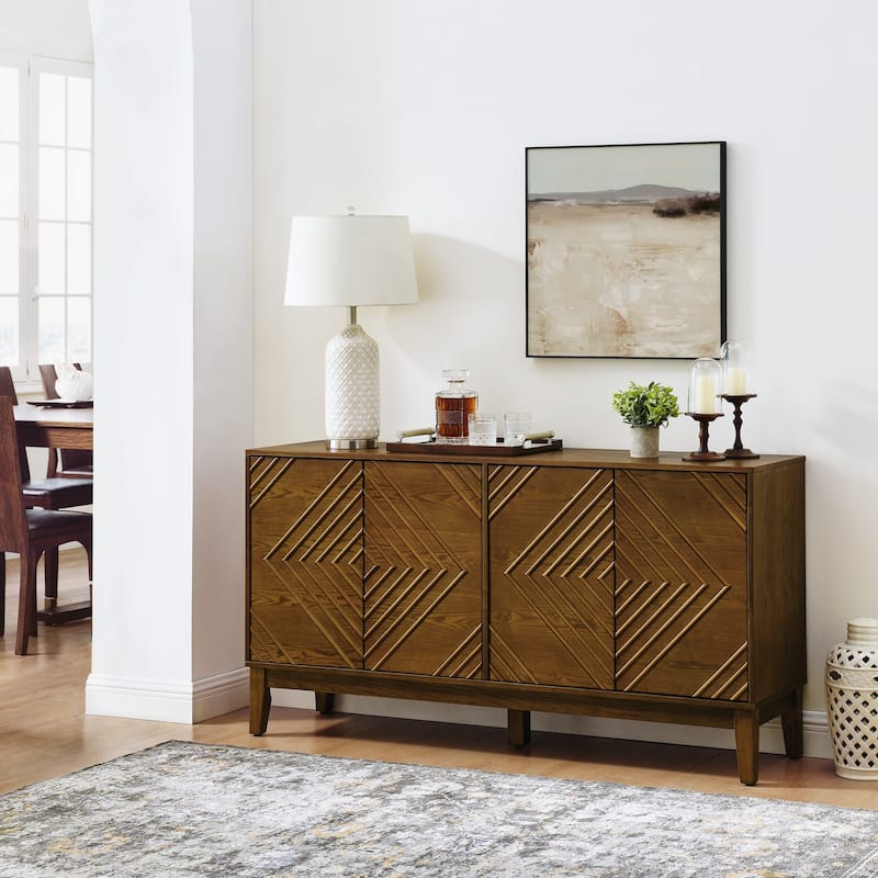 Buffet Cabinet with Storage, Farmhouse Fluted Sideboard with Geometric Pattern & Adjustable Shelves - Brown
