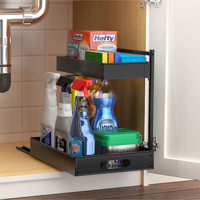 Sorbus Under Sink Organizer with Sliding Tracks and Adhesive Tape, 2-Tier Metal Pull Out Storage Rack