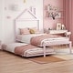 preview thumbnail 2 of 12, Twin Metal Platform Bed with Twin Trundle, House-Shaped Headboard Design, Non-Noise Bedroom Low Bed Frame W/Support Slats, Pink