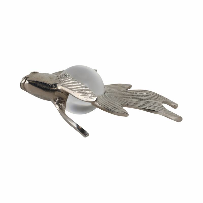 Metal Fish Figurine with Textured Fins and Glass Orb - 9" Silver - 9.5" x 3.5" x 9"