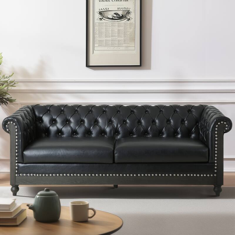 3-Seat Sofa with Wooden Legs, Retro Style, Black PU for Living Room and Study