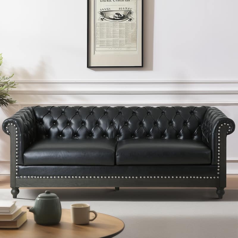 Roomfitters Comfy 3-Seat Sofa with Wooden Legs, Retro Upholstered Couch for Living Room and Study
