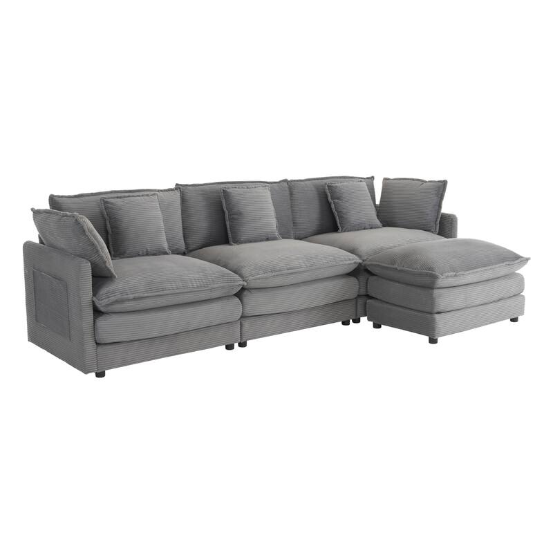 Sectional Sofa with Movable Ottoman Corduroy L-Shaped Upholstered Deep Seat Couch with Lumbar Pillows and Side Pockets