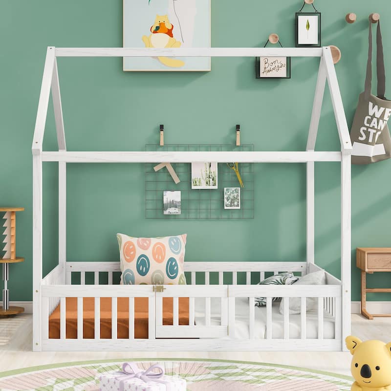 White Pine Wood House Bed with Fence, Door, and Solid Construction