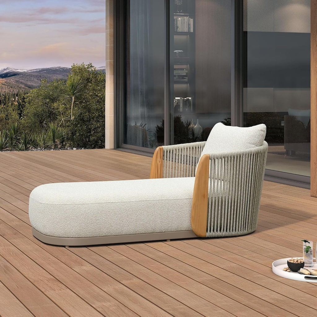 PURPLE LEAF Khaki Olefin Patio Chaise Lounge Chair with Teak Armrests Outdoor Upholstered for Deck Garden Courtyard Porch