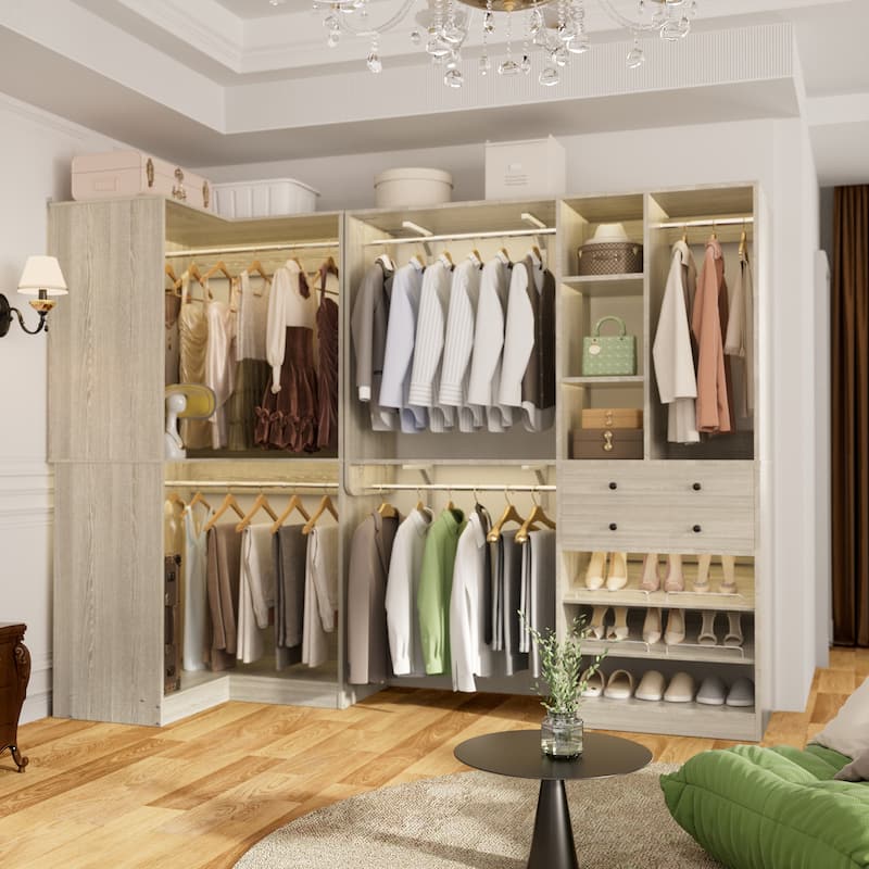 Rackcog Freestanding Corner Closet System Set, Closet Organizer with Hanging Rods and Drawers