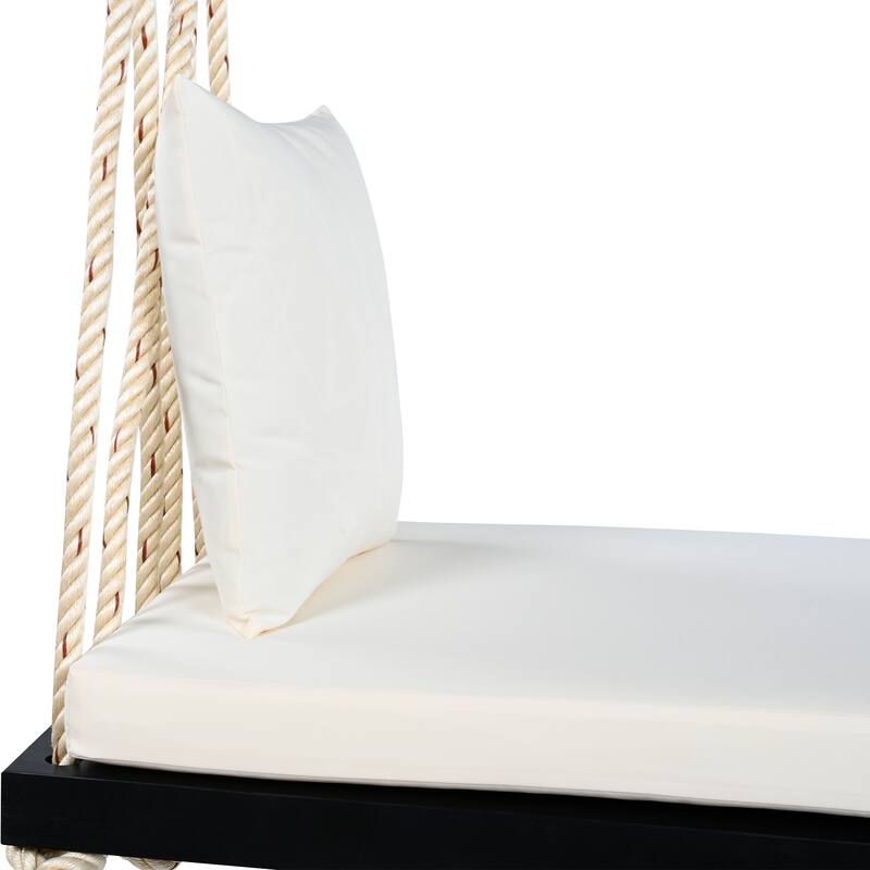 Acacia Wood Hanging Porch Swing Chair with Cushion & Pillows, 2-Person Outdoor Bench with 10.8ft Hemp Ropes for Garden & Patio