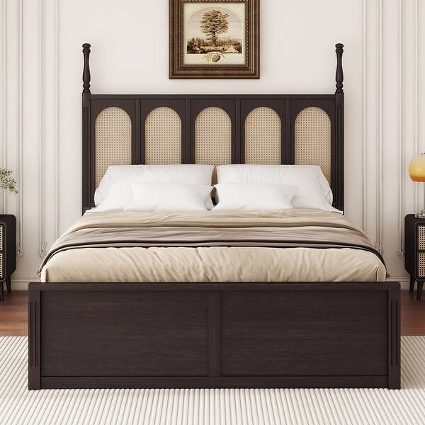 slide 2 of 8, Queen Size Rattan Platform Bed with 2 Drawers, Wooden Bed with Twin Trundle, Space-saving Bed with Rattan Headboard, Brown Brown