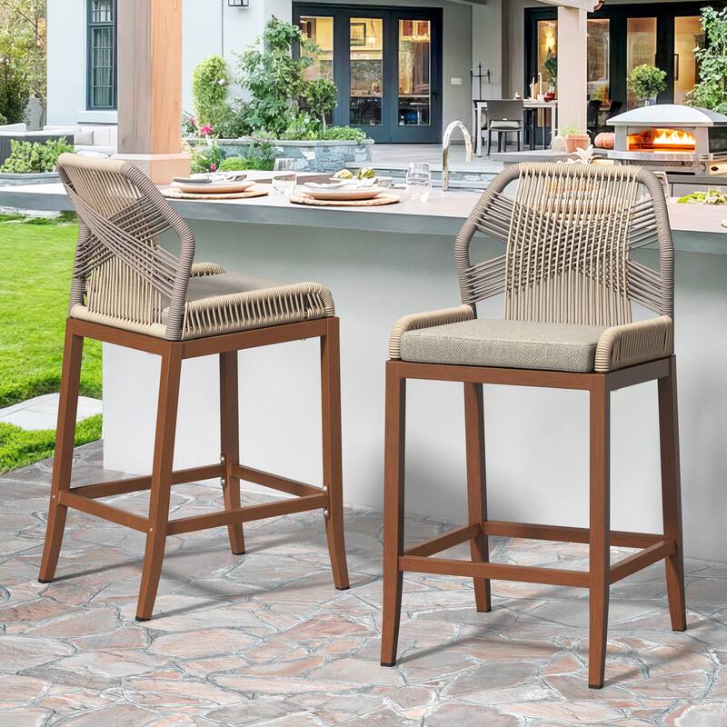 2 Set Modern Aluminum Twill Wicker Woven Outdoor Bar Stool Chair Set, Counter Height Stool with Back and Cushion - 40.6"H - Apricot-Brown