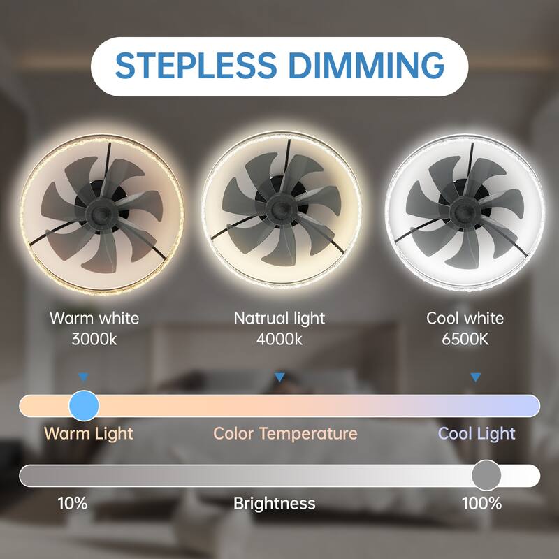 Modern LED Ceiling Fan with Light - 24" Dimmable Ceiling Light with Invisible Blades and Crystal Design - Black