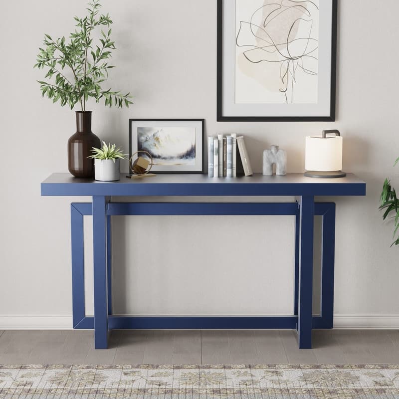 Modern Console Table Sofa Table with Concrete Top, 59'' Long Accent Entryway Table - Navy Blue