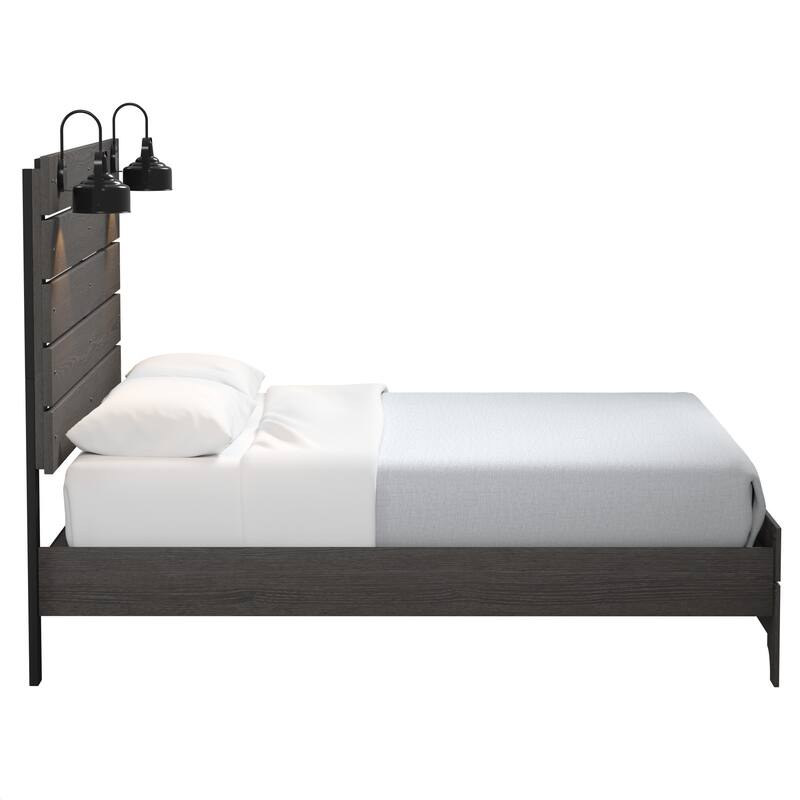 Farmhouse Queen Platform Bed in Stone Brown with Built-In LED Lighting and High Headboard, Easy Assembly