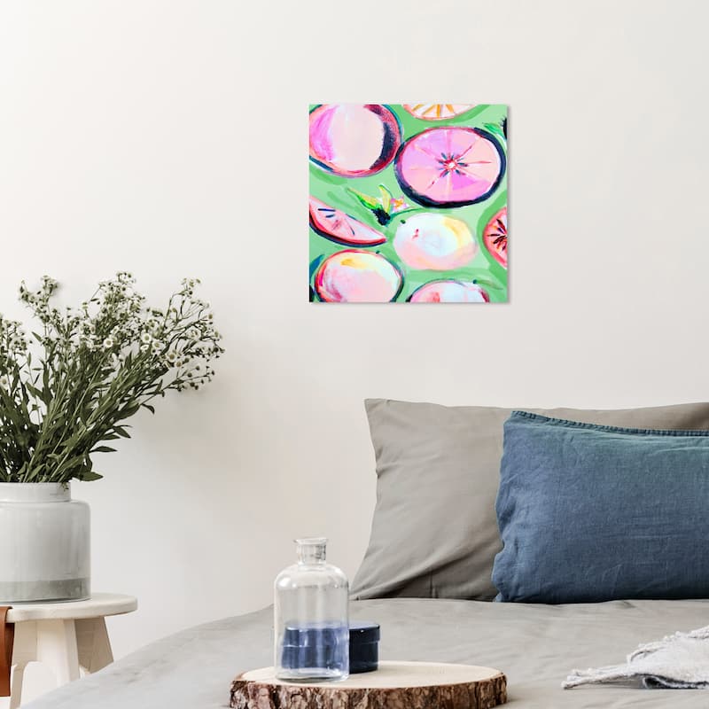 Wynwood Studio Canvas Food and Cuisine Pink Grapefruit Slices Purple and Magenta Rustic Wall Art Canvas Print - 12 x 12