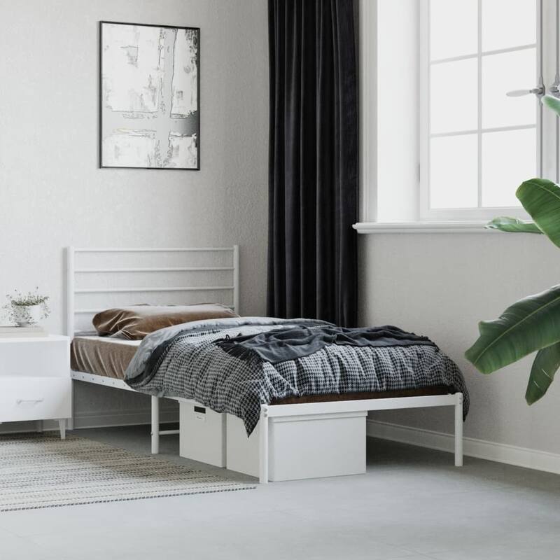 vidaXL Metal Bed Frame with Headboard, No Mattress - White 1 - Twin