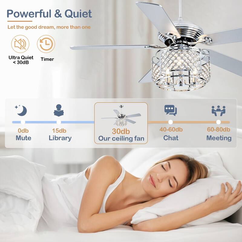 Cusp Barn 52 Inch Crystal Ceiling Fan, Chrome Reversible Chandelier, Modern Silent AC Motor Lighting Fixture for Dining Room