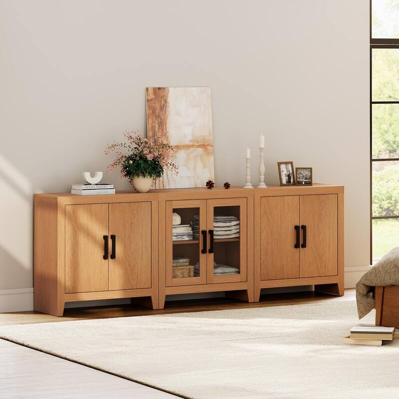 WAMPAT Farmhouse Buffet Cabinet with Glass Doors, 3-Piece Modular Sideboard with Adjustable Shelves