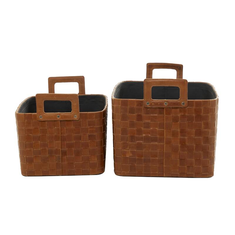Sleek Leather Modern Storage Basket with Handles (Set of 2) - Dark Blue or Brown