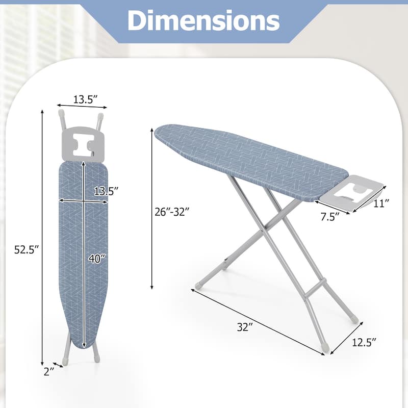 Grey Folding Adjustable Ironing Board with Heat Resistant Cover and Carbon Steel Frame - 48" x 13.5" x 26"-32"