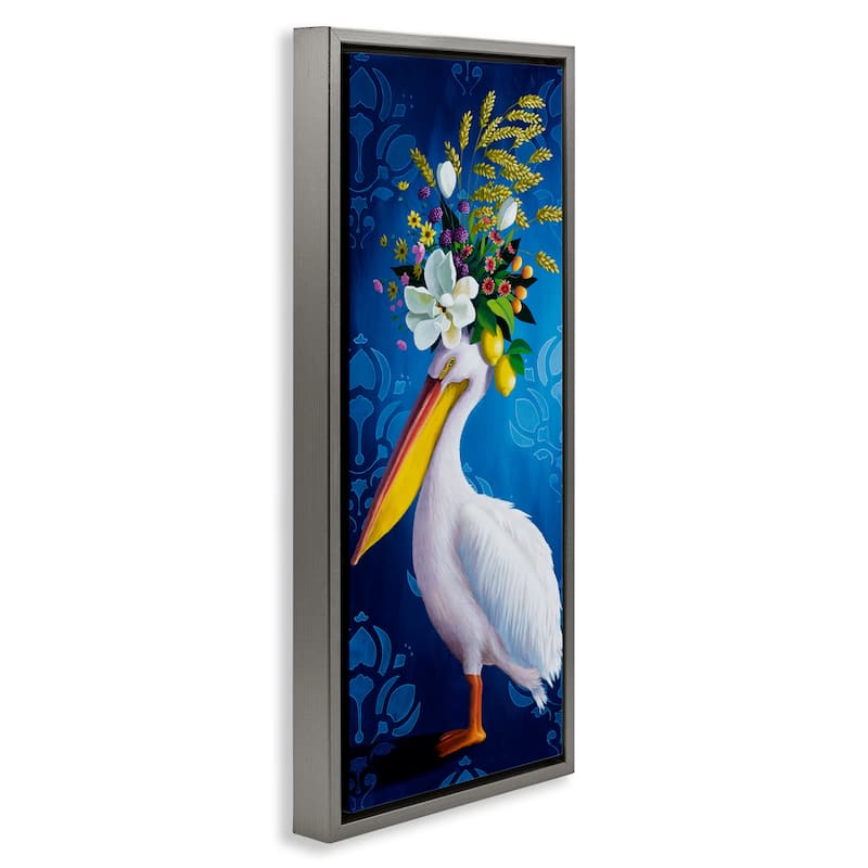Stupell Floral Pelican over Damask Framed Floater Canvas Wall Art Design By Heather Gauthier
