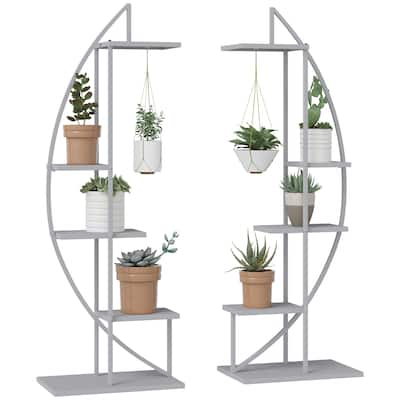 5 Tier Metal Plant Stand with Hangers, Half Moon Shape Flower Pot Display Shelf,Gray