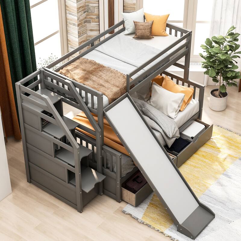 Twin over Full Bunk Bed with Drawers,Storage and Slide, Multifunction