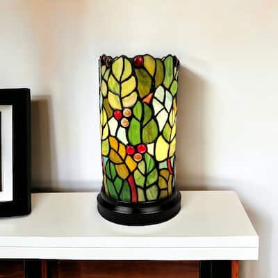 HomeRoots 11" Green and Red Leaves and Berries Stained Glass Accent Lamp - 6